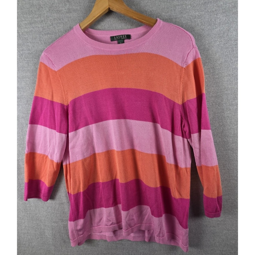 Lauren Ralph Lauren Knit Sweater XL Colorblock Pink Orange Stripe Preppy Career
